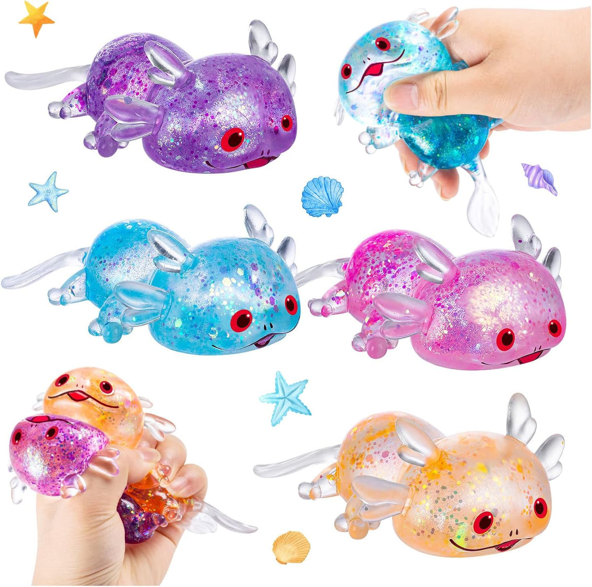 4PCS Glitter Axolotl Stress Relief Ball 4 Colors Axolotl Sensory Fidget Toy