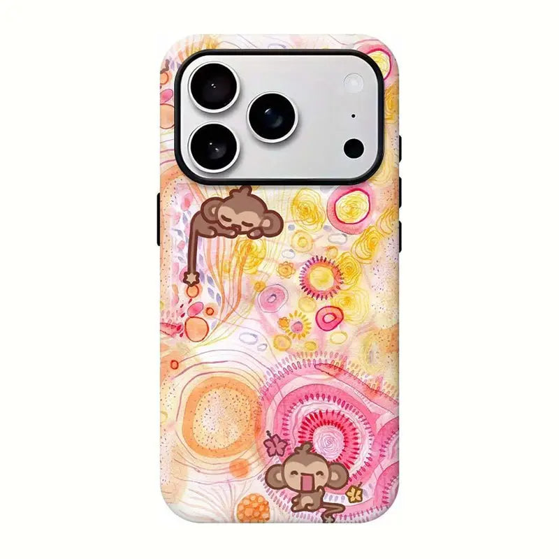 Kawaii Monkey Phone Case for iPhone 11 to 18 Pro Max Plus, Cute Y2K Cartoon Pink Plaid Star Protective Cover, Aesthetic Gift for Her