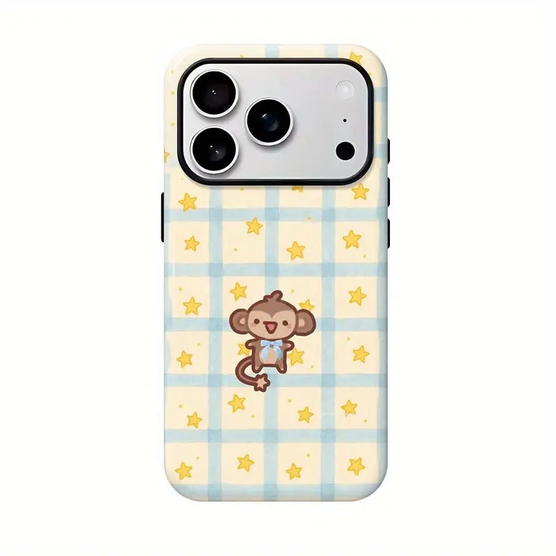 Kawaii Monkey Phone Case for iPhone 11 to 18 Pro Max Plus, Cute Y2K Cartoon Pink Plaid Star Protective Cover, Aesthetic Gift for Her
