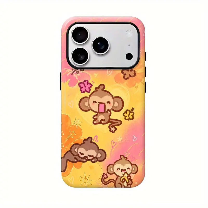 Kawaii Monkey Phone Case for iPhone 11 to 18 Pro Max Plus, Cute Y2K Cartoon Pink Plaid Star Protective Cover, Aesthetic Gift for Her