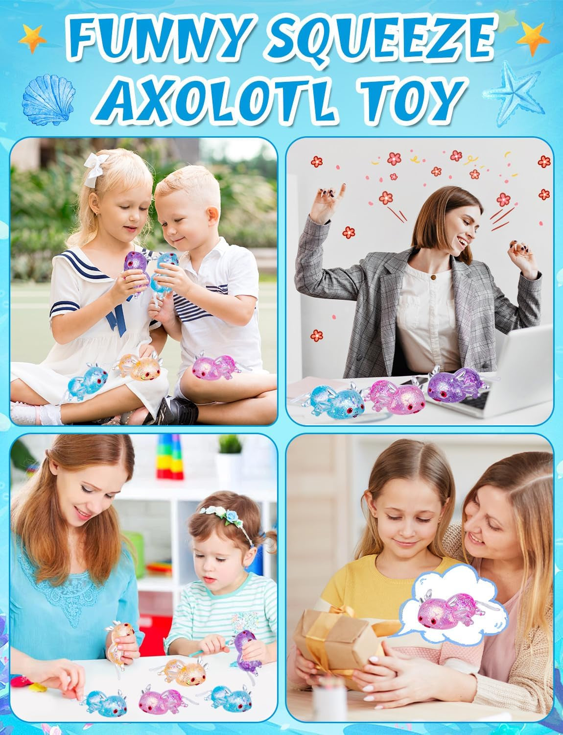 4PCS Glitter Axolotl Stress Relief Ball 4 Colors Axolotl Sensory Fidget Toy