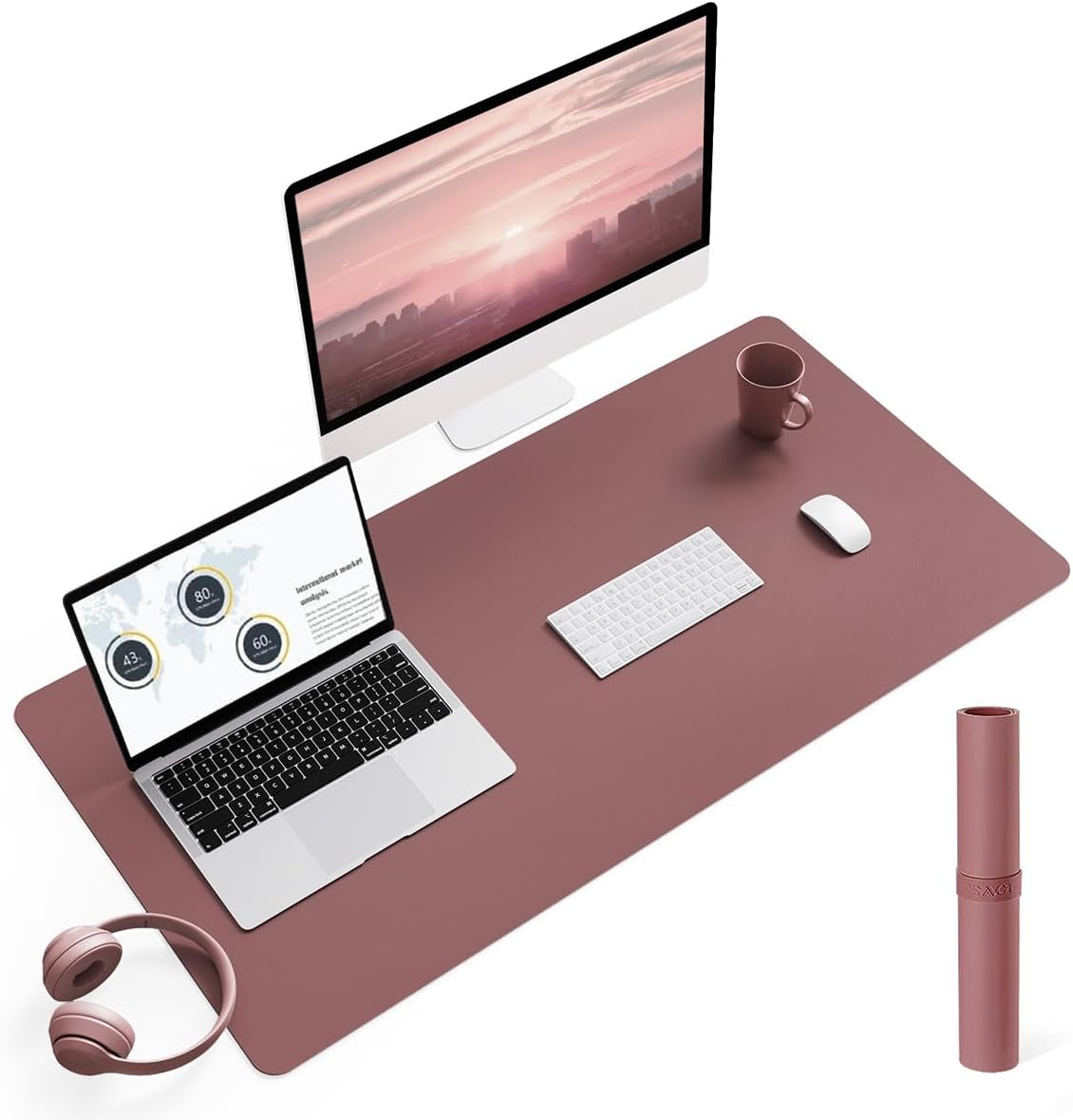 Large Non-Slip Leather Desk Pad, Waterproof Laptop and Keyboard Mat, Table Protector and Mouse Pad for Office, Home, and Decor (Dark Pink, 35.4" x 17")