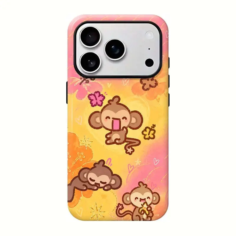 Kawaii Monkey Phone Case for iPhone 11 to 18 Pro Max Plus, Cute Y2K Cartoon Pink Plaid Star Protective Cover, Aesthetic Gift for Her