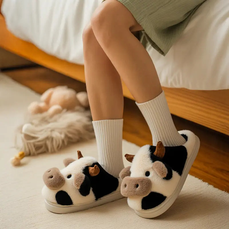 Cute Plush Cow Slippers