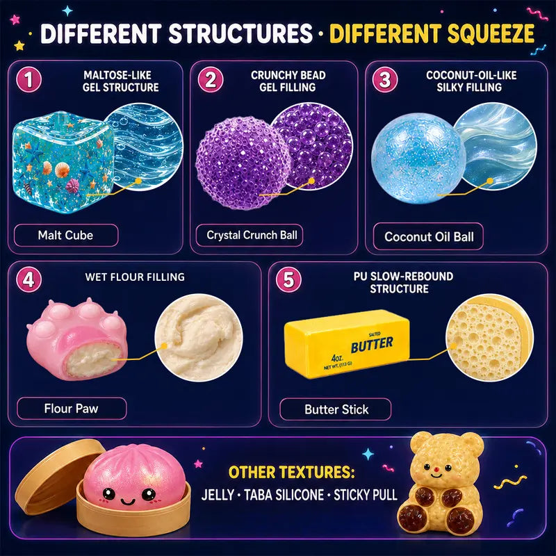 BEIREG 10-Piece Assorted Texture Fidget Squishy Variety Pack - Unisex Stress Relief Toys for Kids with Slow/Fast Rebound, Multiple Styles, and Engaging Guessing Game