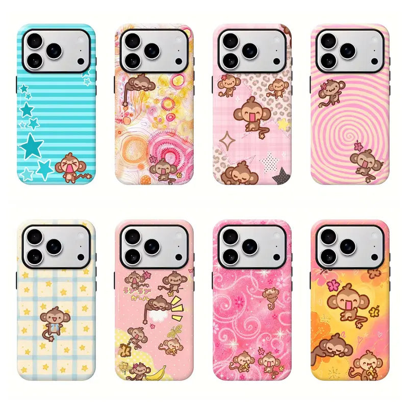 Kawaii Monkey Phone Case for iPhone 11 to 18 Pro Max Plus, Cute Y2K Cartoon Pink Plaid Star Protective Cover, Aesthetic Gift for Her