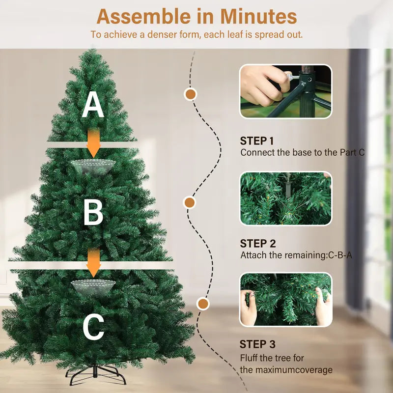 6Ft (1.8M) Full PVC Christmas Tree with 900 Tips and Warm Light Set – Ideal for Holiday Decorating
