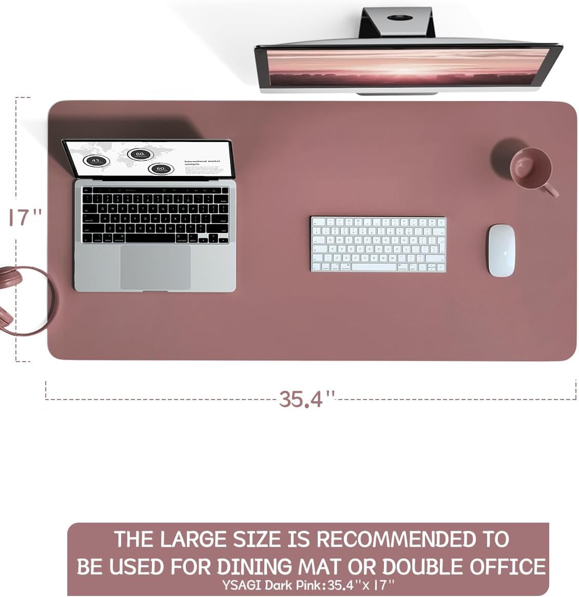 Large Non-Slip Leather Desk Pad, Waterproof Laptop and Keyboard Mat, Table Protector and Mouse Pad for Office, Home, and Decor (Dark Pink, 35.4" x 17")