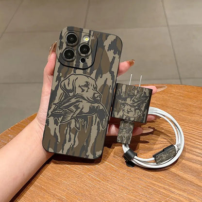 5-Piece Camouflage Hunting Dog & Duck Print Mobile Phone Accessories Set: Shockproof TPU Case, Charger Head Cover, Cable Protector, and Storage Rope for iPhone 6-17 Pro Max