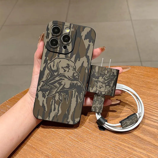 5-Piece Camouflage Hunting Dog & Duck Print Mobile Phone Accessories Set: Shockproof TPU Case, Charger Head Cover, Cable Protector, and Storage Rope for iPhone 6-17 Pro Max