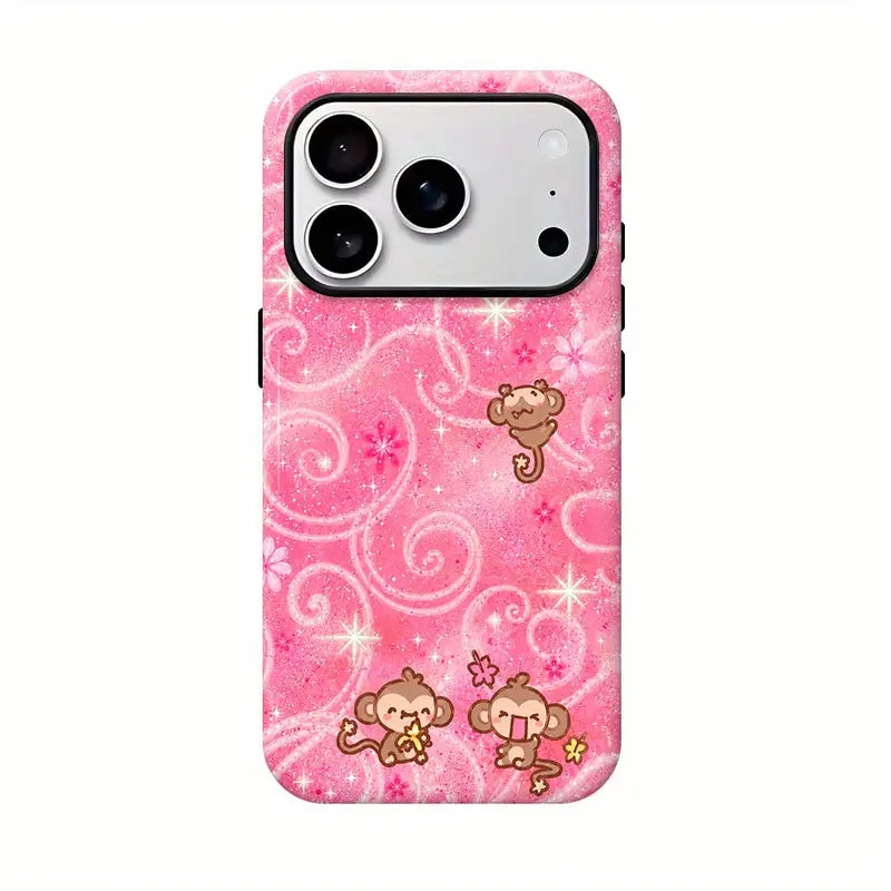 Kawaii Monkey Phone Case for iPhone 11 to 18 Pro Max Plus, Cute Y2K Cartoon Pink Plaid Star Protective Cover, Aesthetic Gift for Her