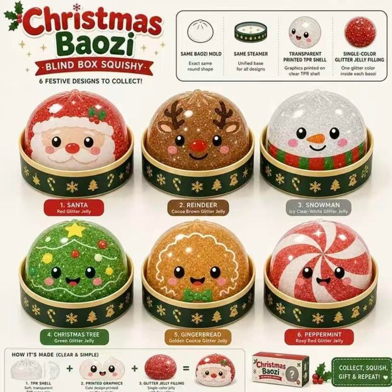 Christmas Dumpling Squishy Blind Box - Set of 6 Kawaii Stretchy Slow-Rising Toys (Santa, Snowman, Reindeer) for Kids, Ideal Holiday Gift, Scrapbooking & Stamping Accessory, Decorative Item
