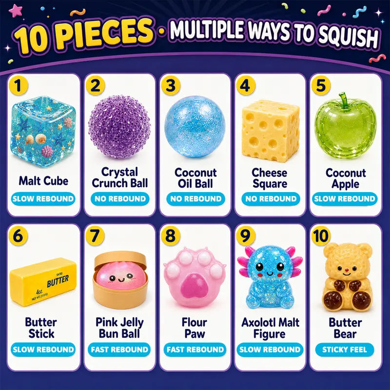 BEIREG 10-Piece Assorted Texture Fidget Squishy Variety Pack - Unisex Stress Relief Toys for Kids with Slow/Fast Rebound, Multiple Styles, and Engaging Guessing Game