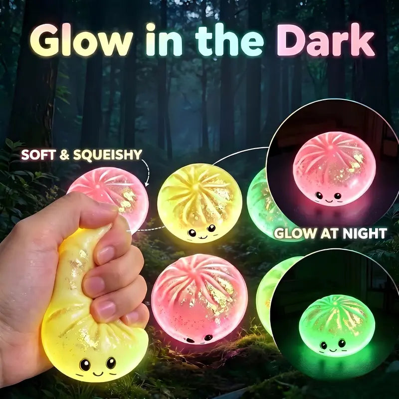8 cm Unisex Glow-in-the-Dark Dumpling Squishy Toy - BPA-Free Soft Silicone Stress Relief Fidget Ball with Glitter & Fluorescent Powder, Kawaii Collectible for Kids' Calming Techniques