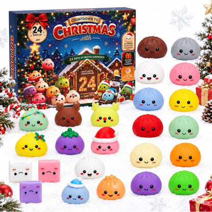 2026 Christmas Mini Squishies Advent Calendar: 24-Day Holiday Countdown Fidget Set with Cute Dumpling Squeeze Figures for Indoor Recreation, Stocking Stuffers, and Party Favors for All Ages