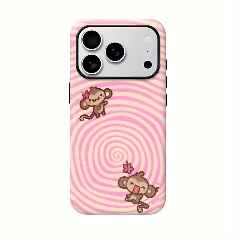 Kawaii Monkey Phone Case for iPhone 11 to 18 Pro Max Plus, Cute Y2K Cartoon Pink Plaid Star Protective Cover, Aesthetic Gift for Her