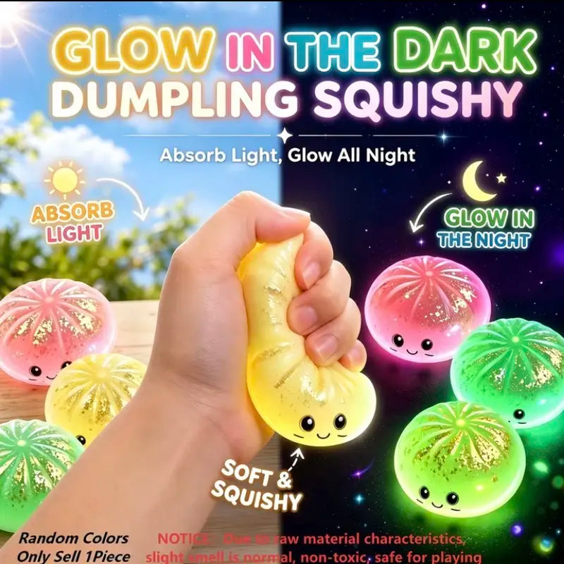 8 cm Unisex Glow-in-the-Dark Dumpling Squishy Toy - BPA-Free Soft Silicone Stress Relief Fidget Ball with Glitter & Fluorescent Powder, Kawaii Collectible for Kids' Calming Techniques