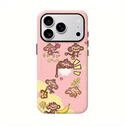 Kawaii Monkey Phone Case for iPhone 11 to 18 Pro Max Plus, Cute Y2K Cartoon Pink Plaid Star Protective Cover, Aesthetic Gift for Her