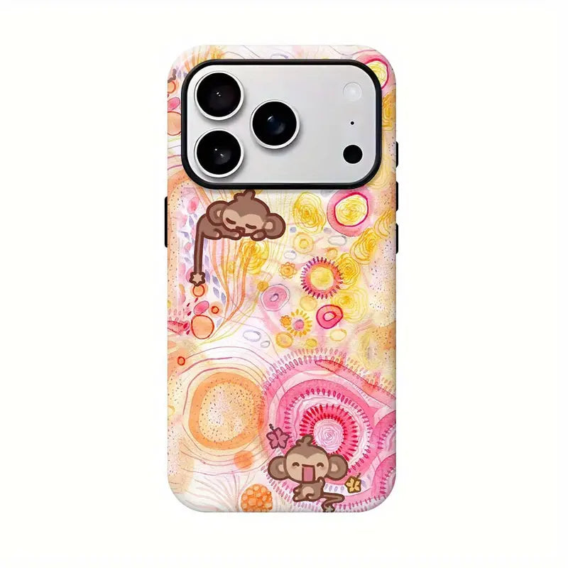 Kawaii Monkey Phone Case for iPhone 11 to 18 Pro Max Plus, Cute Y2K Cartoon Pink Plaid Star Protective Cover, Aesthetic Gift for Her