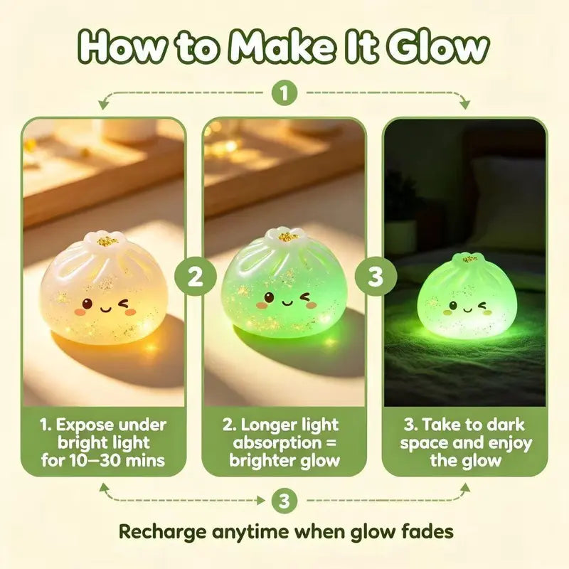 8 cm Unisex Glow-in-the-Dark Dumpling Squishy Toy - BPA-Free Soft Silicone Stress Relief Fidget Ball with Glitter & Fluorescent Powder, Kawaii Collectible for Kids' Calming Techniques