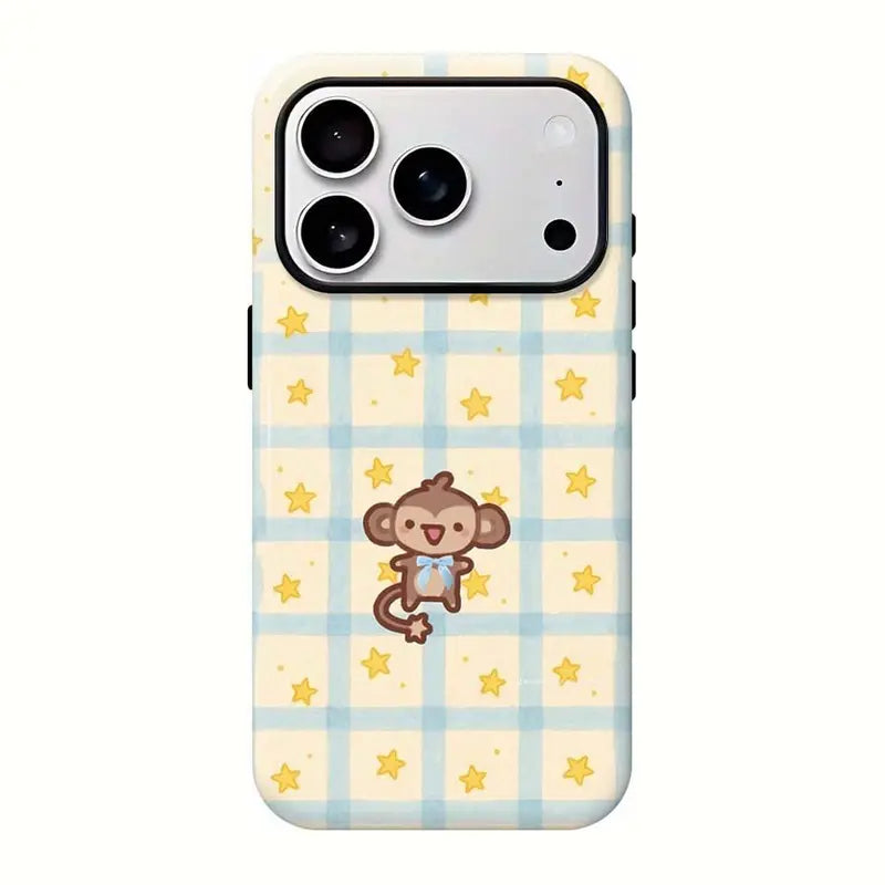 Kawaii Monkey Phone Case for iPhone 11 to 18 Pro Max Plus, Cute Y2K Cartoon Pink Plaid Star Protective Cover, Aesthetic Gift for Her