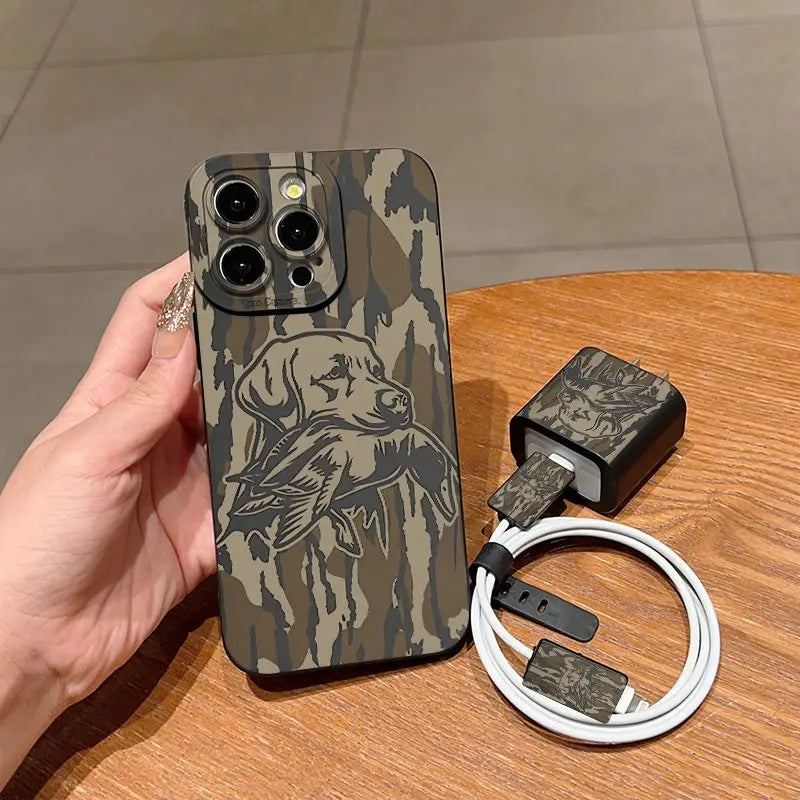 5-Piece Camouflage Hunting Dog & Duck Print Mobile Phone Accessories Set: Shockproof TPU Case, Charger Head Cover, Cable Protector, and Storage Rope for iPhone 6-17 Pro Max