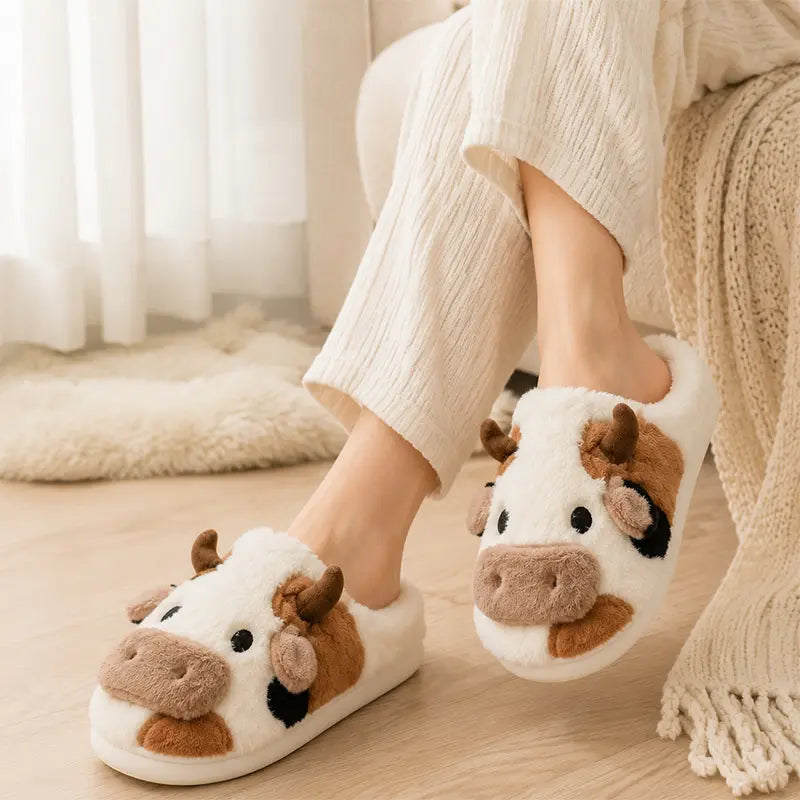 Cute Plush Cow Slippers
