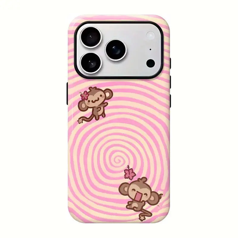 Kawaii Monkey Phone Case for iPhone 11 to 18 Pro Max Plus, Cute Y2K Cartoon Pink Plaid Star Protective Cover, Aesthetic Gift for Her