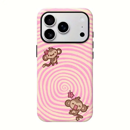 Kawaii Monkey Phone Case for iPhone 11 to 18 Pro Max Plus, Cute Y2K Cartoon Pink Plaid Star Protective Cover, Aesthetic Gift for Her