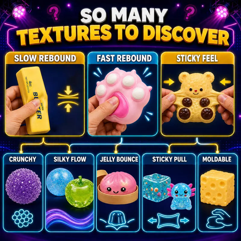 BEIREG 10-Piece Assorted Texture Fidget Squishy Variety Pack - Unisex Stress Relief Toys for Kids with Slow/Fast Rebound, Multiple Styles, and Engaging Guessing Game