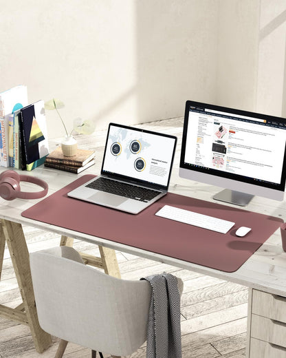 Large Non-Slip Leather Desk Pad, Waterproof Laptop and Keyboard Mat, Table Protector and Mouse Pad for Office, Home, and Decor (Dark Pink, 35.4" x 17")