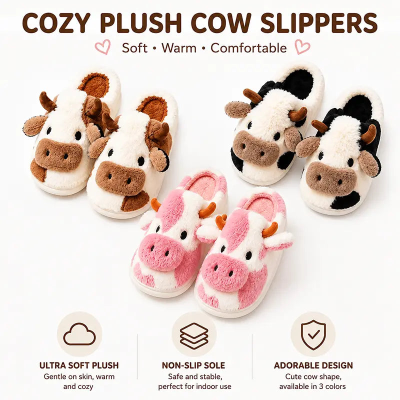 Cute Plush Cow Slippers