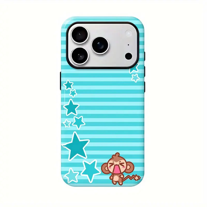 Kawaii Monkey Phone Case for iPhone 11 to 18 Pro Max Plus, Cute Y2K Cartoon Pink Plaid Star Protective Cover, Aesthetic Gift for Her