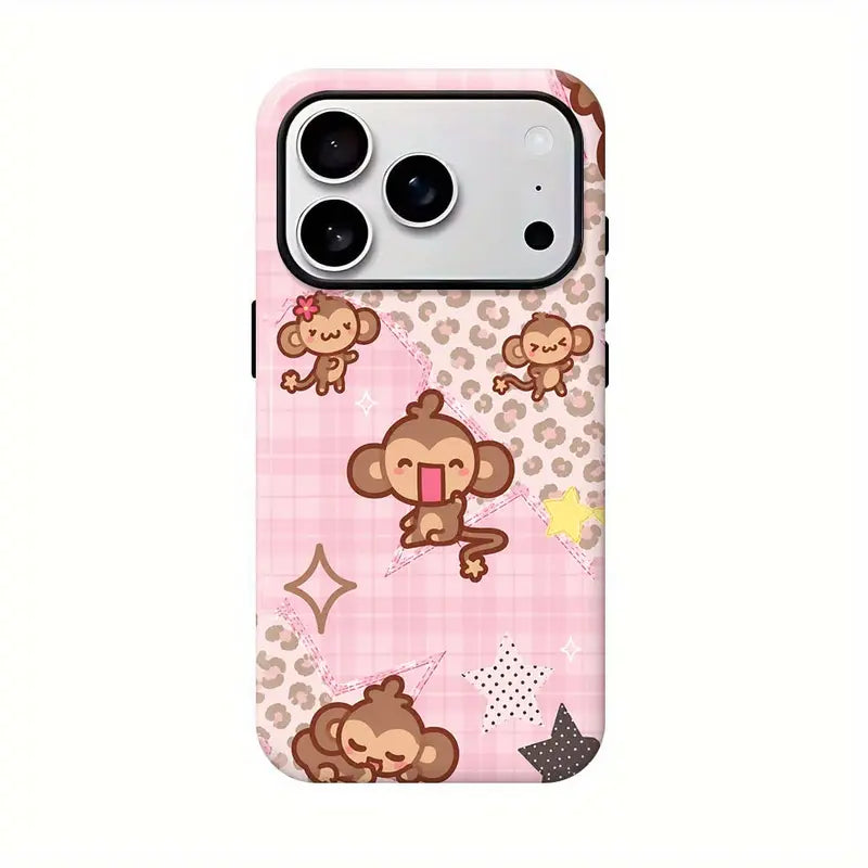 Kawaii Monkey Phone Case for iPhone 11 to 18 Pro Max Plus, Cute Y2K Cartoon Pink Plaid Star Protective Cover, Aesthetic Gift for Her